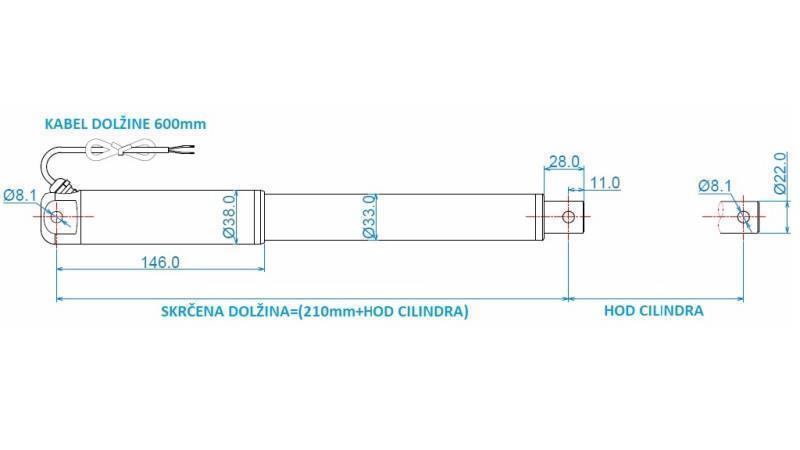 ELEKTRISK CYLINDER 12V 80kg-12mm/sec SLAG 300mm - dimensioner