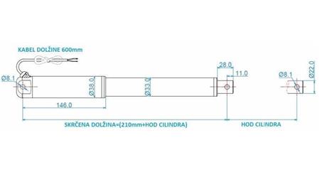 ELEKTRISK CYLINDER 12V 80kg-12mm/sec SLAG 300mm - dimensioner