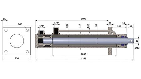 HYDRAULISK CYLINDER MED MONTERINGSPLADE 100/60-1050 MED RØR