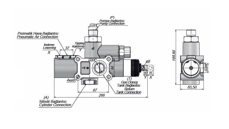 HYDRAULISK DUMPVENTIL LASTBIL - 140lit - dimensioner